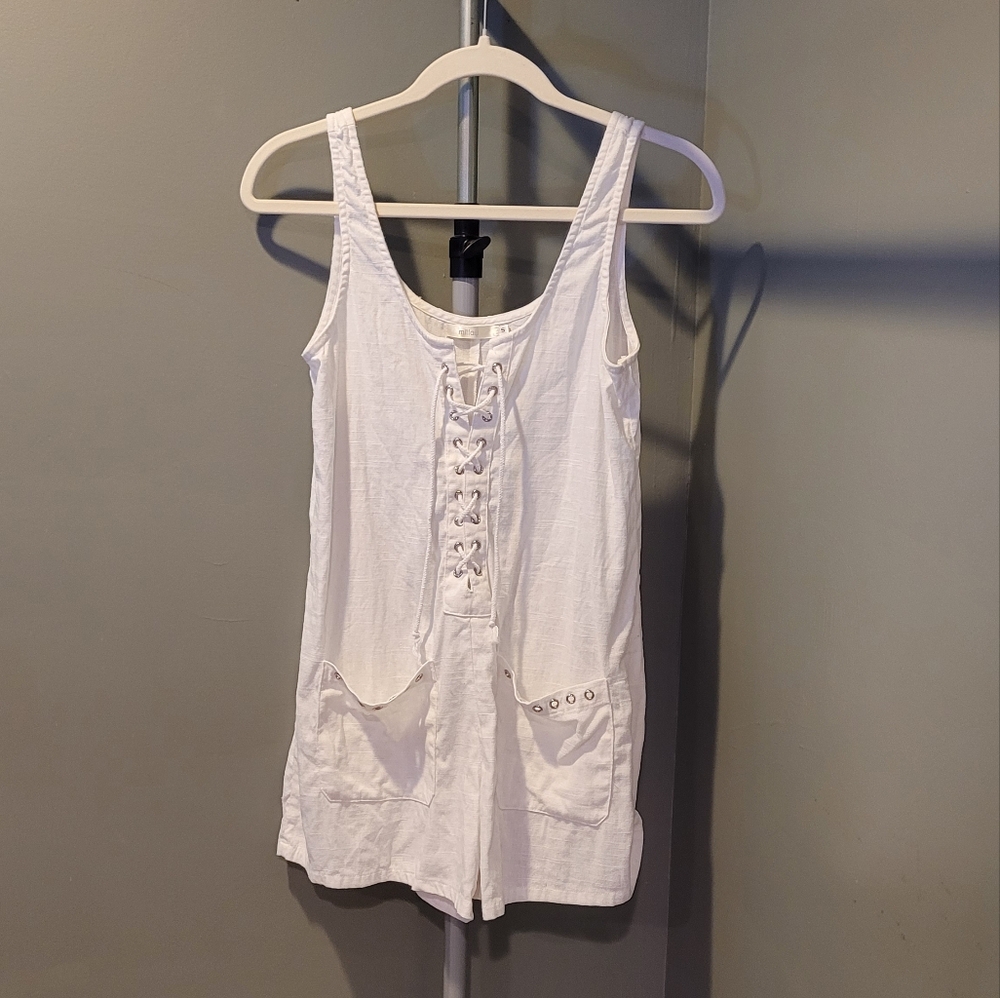 Millau Linen And Cotton Lace-up‎ Tank Romper, Women's Size S, White And Silver